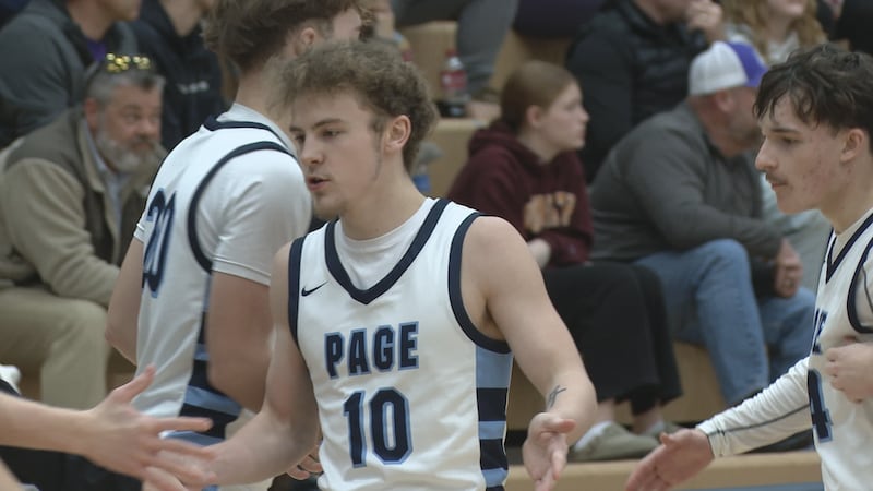 Page County's Trenton Eppard celebrating a 44-43 win over Strasburg on Jan. 3, 2025.