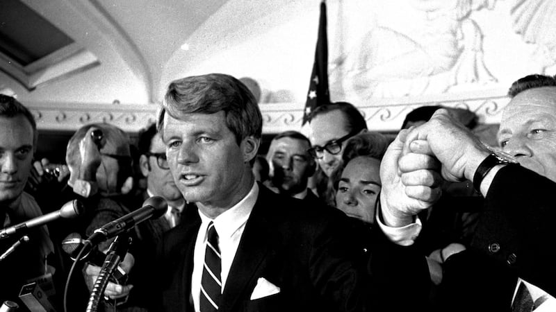 This June 5, 1968 file photo shows Sen. Robert F. Kennedy speaking at the Ambassador Hotel in...