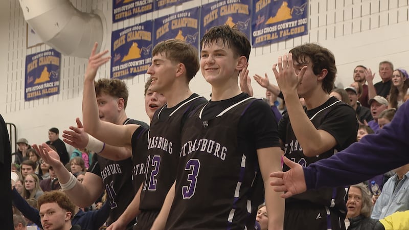 Strasburg boys basketball celebrating a win over Central on Feb. 14, 2026.