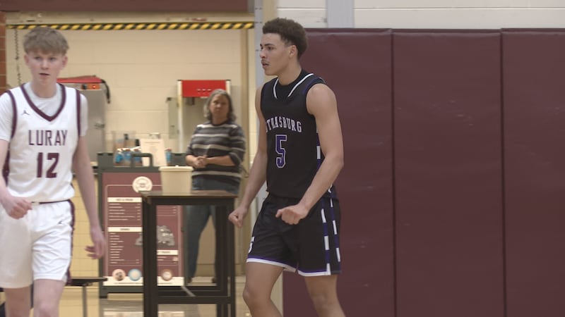 Strasburg junior Jasiah Warner during a made basket against Luray on Feb. 6, 2026.