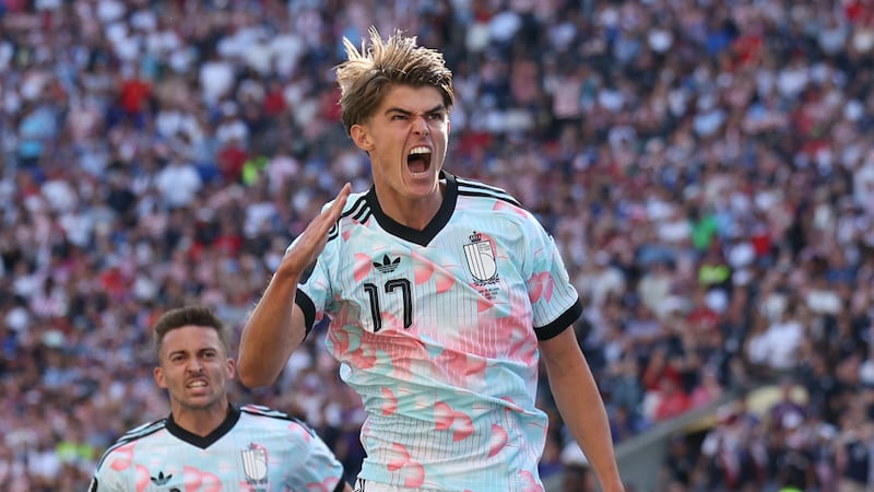 Belgium's Charles De Ketelaere (17) celebrates after scoring his side's opening goal during...