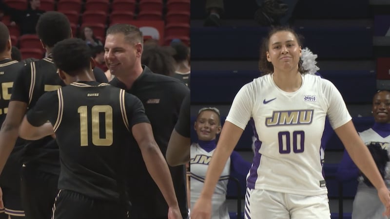 James Madison guard Cliff Davis and head coach Preston Spradlin (left) celebrating a win over...