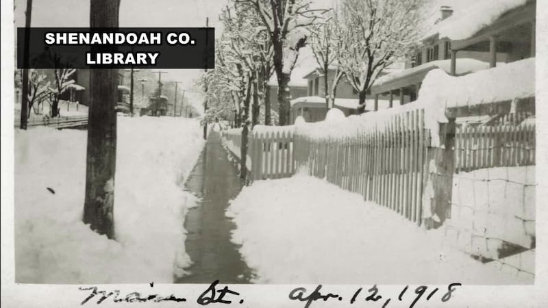 Heavy snow from a blizzard in early April, 1918. Snow covered the Shenandoah Valley and the...