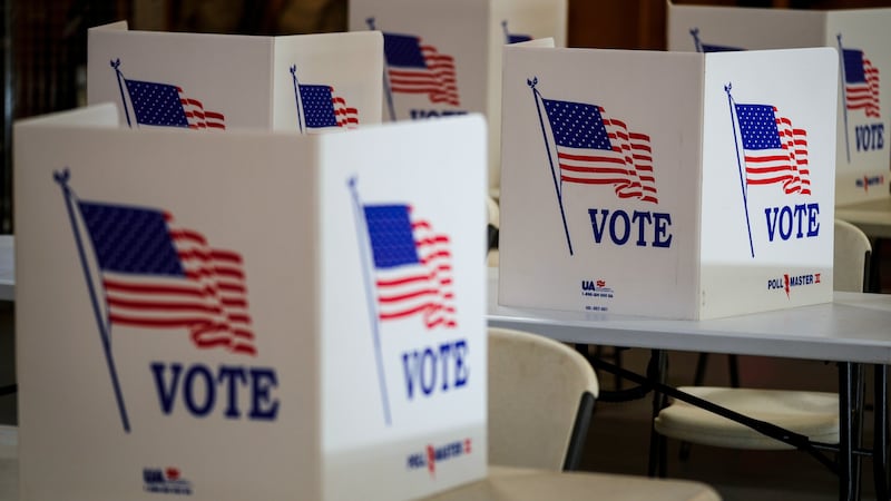 FILE- Voting booths are set up at a polling place in Newtown, Pa, April 23, 2024.